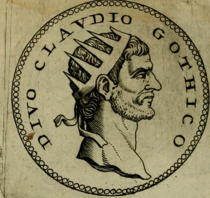An illustration from De vita et moribus imperatorum Romanorum: excerpta ex libris Sexti Aurelii Victoris, à Caesare Augusto usque ad Theodosium imperatorem. Andreas Schottus compositis tribus M.SS. cum Vett. vulgatis emendabat; scholiis & veris iconibus ex antiquis numismatis delineatis illustrabat. Quibus accesserunt & Eliae Vineti notae, 1669, leaf 94