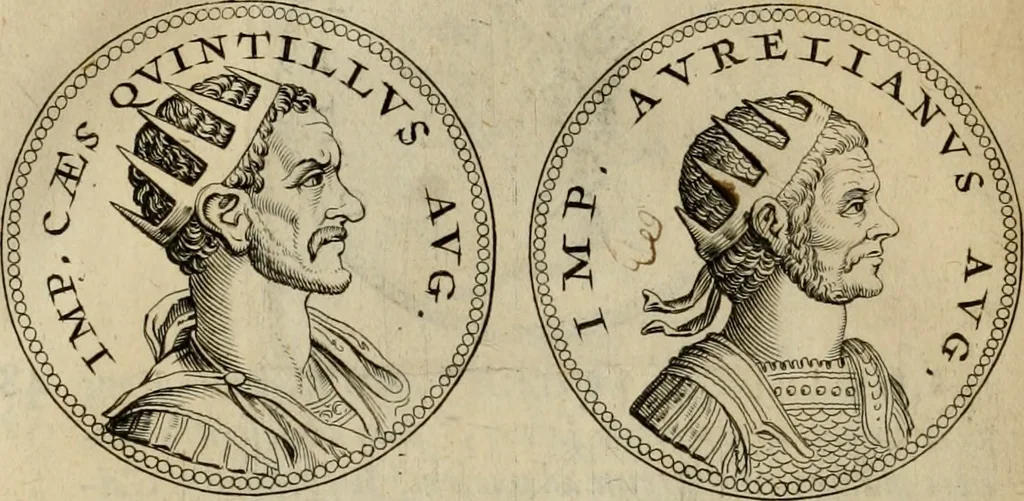 An illustration from De vita et moribus imperatorum Romanorum: excerpta ex libris Sexti Aurelii Victoris, à Caesare Augusto usque ad Theodosium imperatorem. Andreas Schottus compositis tribus M.SS. cum Vett. vulgatis emendabat; scholiis & veris iconibus ex antiquis numismatis delineatis illustrabat. Quibus accesserunt & Eliae Vineti notae, 1669, leaf 95