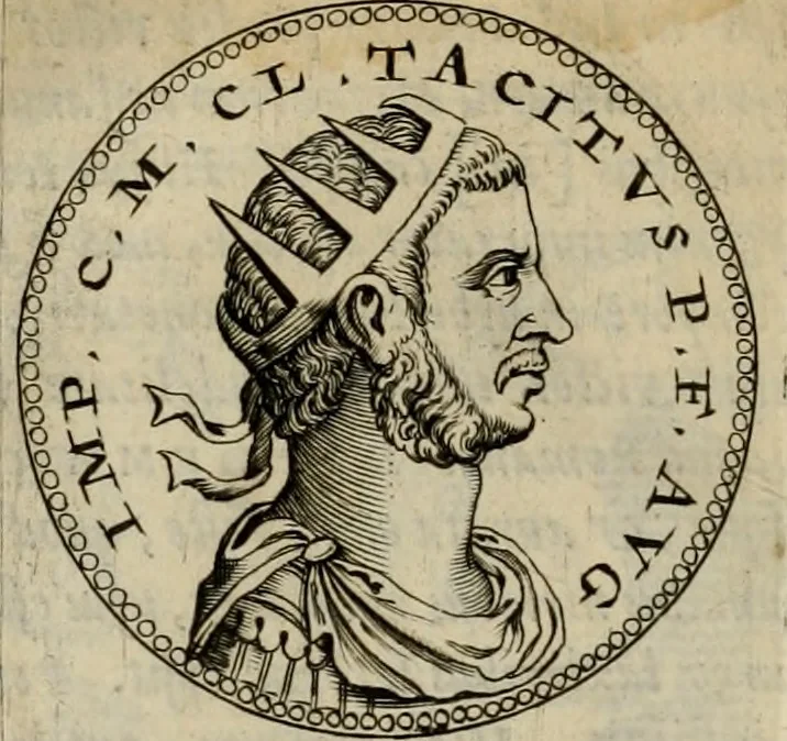 An illustration from De vita et moribus imperatorum Romanorum: excerpta ex libris Sexti Aurelii Victoris, à Caesare Augusto usque ad Theodosium imperatorem. Andreas Schottus compositis tribus M.SS. cum Vett. vulgatis emendabat; scholiis & veris iconibus ex antiquis numismatis delineatis illustrabat. Quibus accesserunt & Eliae Vineti notae, 1669, leaf 97