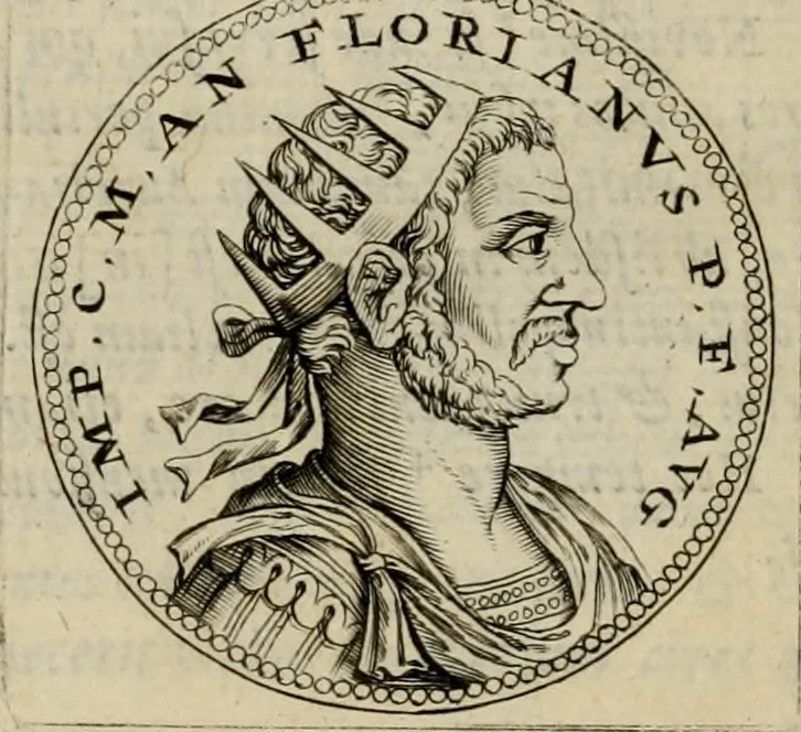 An illustration from De vita et moribus imperatorum Romanorum: excerpta ex libris Sexti Aurelii Victoris, à Caesare Augusto usque ad Theodosium imperatorem. Andreas Schottus compositis tribus M.SS. cum Vett. vulgatis emendabat; scholiis & veris iconibus ex antiquis numismatis delineatis illustrabat. Quibus accesserunt & Eliae Vineti notae, 1669, leaf 97
