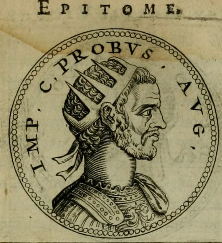 An illustration from De vita et moribus imperatorum Romanorum: excerpta ex libris Sexti Aurelii Victoris, à Caesare Augusto usque ad Theodosium imperatorem. Andreas Schottus compositis tribus M.SS. cum Vett. vulgatis emendabat; scholiis & veris iconibus ex antiquis numismatis delineatis illustrabat. Quibus accesserunt & Eliae Vineti notae, 1669, leaf 98