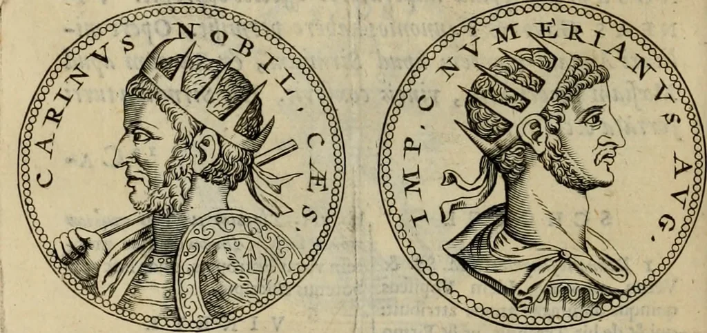 An illustration from De vita et moribus imperatorum Romanorum: excerpta ex libris Sexti Aurelii Victoris, à Caesare Augusto usque ad Theodosium imperatorem. Andreas Schottus compositis tribus M.SS. cum Vett. vulgatis emendabat; scholiis & veris iconibus ex antiquis numismatis delineatis illustrabat. Quibus accesserunt & Eliae Vineti notae, 1669, leaf 99