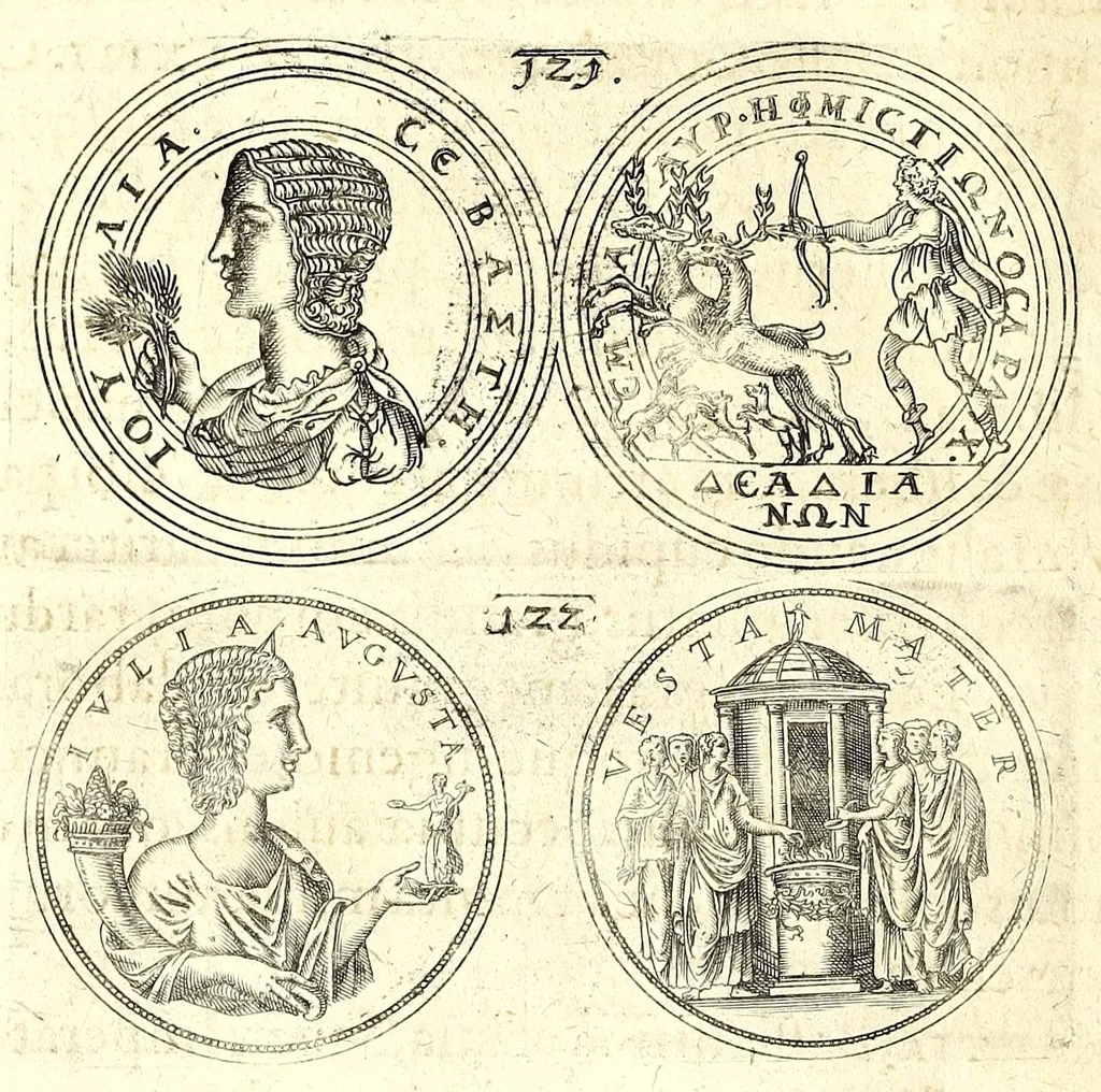 An illustration from De vitis imperatorum et caesarum romanorum : tam occidentalium quam orientalium, nec non vxorum et liberorum eorum, item tyrannorum omnium ... : inde à C. Julio Caesare, primo monarcha, vsque ad D.N. Imperatorem Caesarem Matthiam : vnà cum eorum effigiebus & symbolis ..., 1615, leaf 100