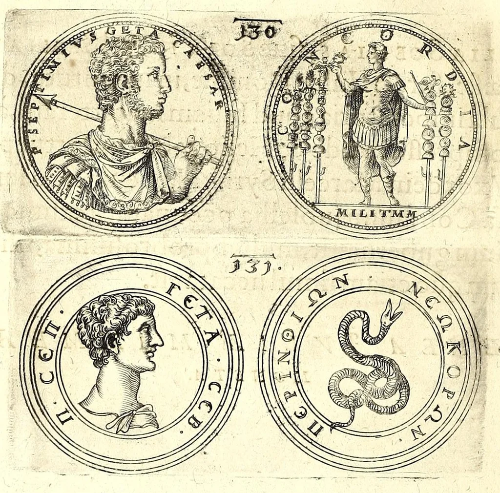 An illustration from De vitis imperatorum et caesarum romanorum : tam occidentalium quam orientalium, nec non vxorum et liberorum eorum, item tyrannorum omnium ... : inde à C. Julio Caesare, primo monarcha, vsque ad D.N. Imperatorem Caesarem Matthiam : vnà cum eorum effigiebus & symbolis ..., 1615, leaf 106