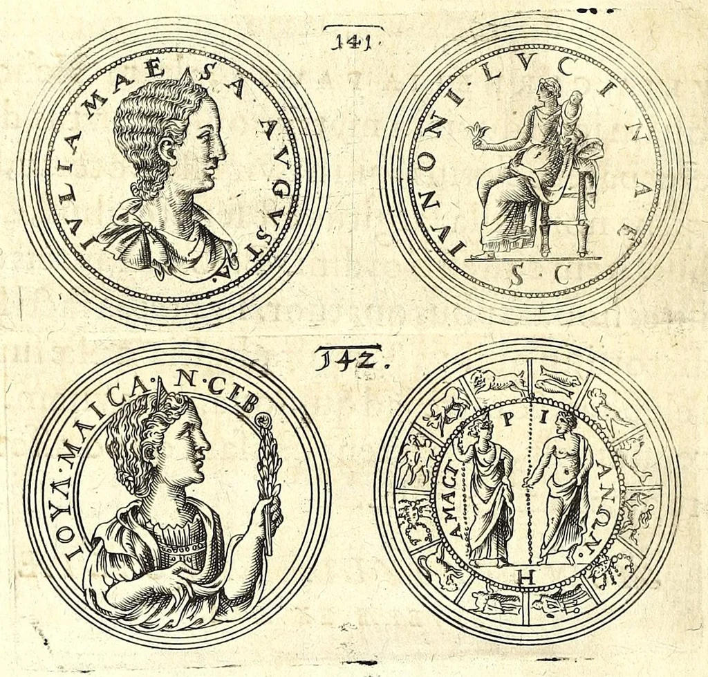 An illustration from De vitis imperatorum et caesarum romanorum : tam occidentalium quam orientalium, nec non vxorum et liberorum eorum, item tyrannorum omnium ... : inde à C. Julio Caesare, primo monarcha, vsque ad D.N. Imperatorem Caesarem Matthiam : vnà cum eorum effigiebus & symbolis ..., 1615, leaf 112