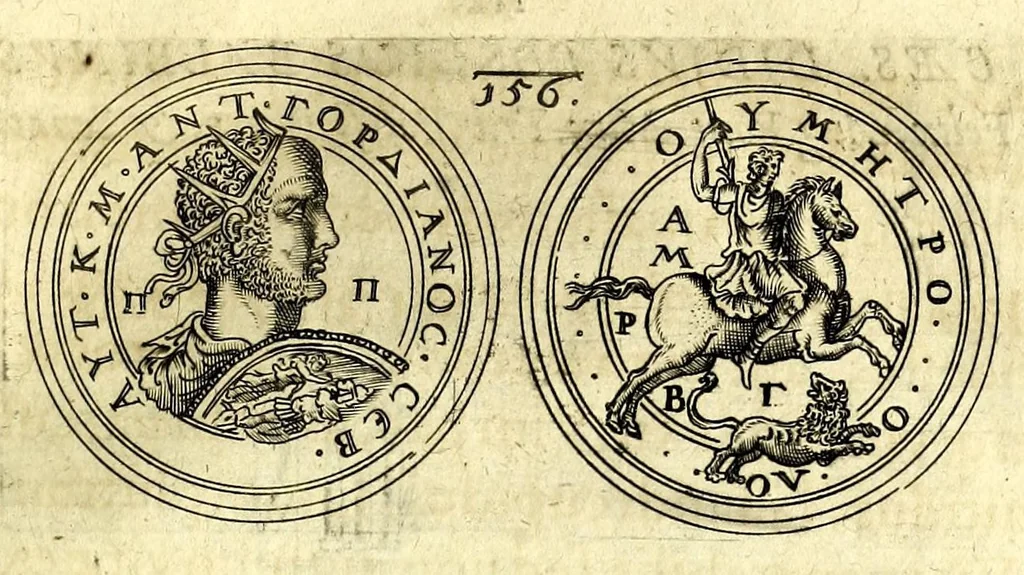 An illustration from De vitis imperatorum et caesarum romanorum : tam occidentalium quam orientalium, nec non vxorum et liberorum eorum, item tyrannorum omnium ... : inde à C. Julio Caesare, primo monarcha, vsque ad D.N. Imperatorem Caesarem Matthiam : vnà cum eorum effigiebus & symbolis ..., 1615, leaf 125