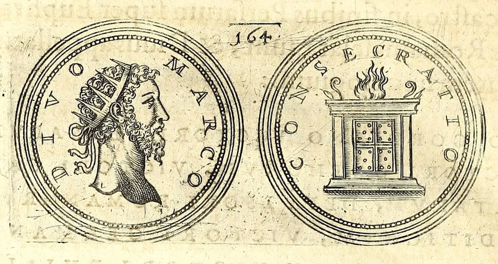 An illustration from De vitis imperatorum et caesarum romanorum : tam occidentalium quam orientalium, nec non vxorum et liberorum eorum, item tyrannorum omnium ... : inde à C. Julio Caesare, primo monarcha, vsque ad D.N. Imperatorem Caesarem Matthiam : vnà cum eorum effigiebus & symbolis ..., 1615, leaf 130