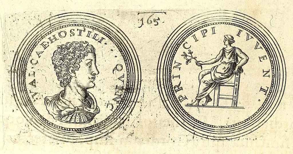 An illustration from De vitis imperatorum et caesarum romanorum : tam occidentalium quam orientalium, nec non vxorum et liberorum eorum, item tyrannorum omnium ... : inde à C. Julio Caesare, primo monarcha, vsque ad D.N. Imperatorem Caesarem Matthiam : vnà cum eorum effigiebus & symbolis ..., 1615, leaf 130
