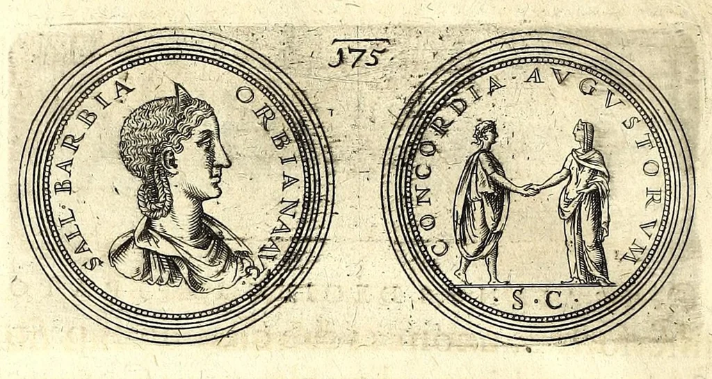 An illustration from De vitis imperatorum et caesarum romanorum : tam occidentalium quam orientalium, nec non vxorum et liberorum eorum, item tyrannorum omnium ... : inde à C. Julio Caesare, primo monarcha, vsque ad D.N. Imperatorem Caesarem Matthiam : vnà cum eorum effigiebus & symbolis ..., 1615, leaf 136