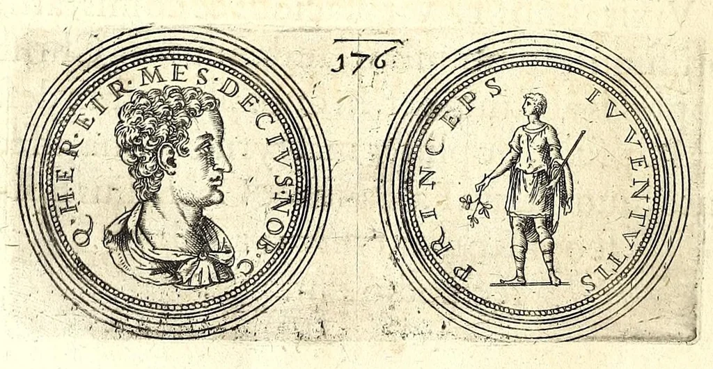 An illustration from De vitis imperatorum et caesarum romanorum : tam occidentalium quam orientalium, nec non vxorum et liberorum eorum, item tyrannorum omnium ... : inde à C. Julio Caesare, primo monarcha, vsque ad D.N. Imperatorem Caesarem Matthiam : vnà cum eorum effigiebus & symbolis ..., 1615, leaf 136