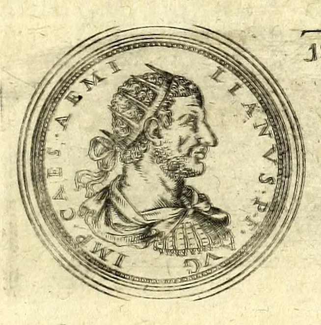 An illustration from De vitis imperatorum et caesarum romanorum : tam occidentalium quam orientalium, nec non vxorum et liberorum eorum, item tyrannorum omnium ... : inde à C. Julio Caesare, primo monarcha, vsque ad D.N. Imperatorem Caesarem Matthiam : vnà cum eorum effigiebus & symbolis ..., 1615, leaf 141
