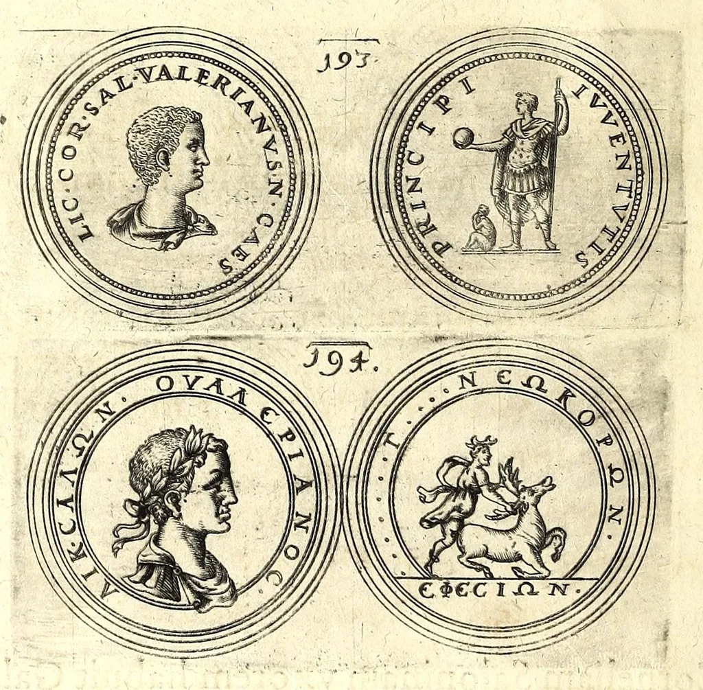 An illustration from De vitis imperatorum et caesarum romanorum : tam occidentalium quam orientalium, nec non vxorum et liberorum eorum, item tyrannorum omnium ... : inde à C. Julio Caesare, primo monarcha, vsque ad D.N. Imperatorem Caesarem Matthiam : vnà cum eorum effigiebus & symbolis ..., 1615, leaf 146