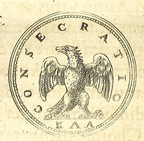 An illustration from De vitis imperatorum et caesarum romanorum : tam occidentalium quam orientalium, nec non vxorum et liberorum eorum, item tyrannorum omnium ... : inde à C. Julio Caesare, primo monarcha, vsque ad D.N. Imperatorem Caesarem Matthiam : vnà cum eorum effigiebus & symbolis ..., 1615, leaf 154