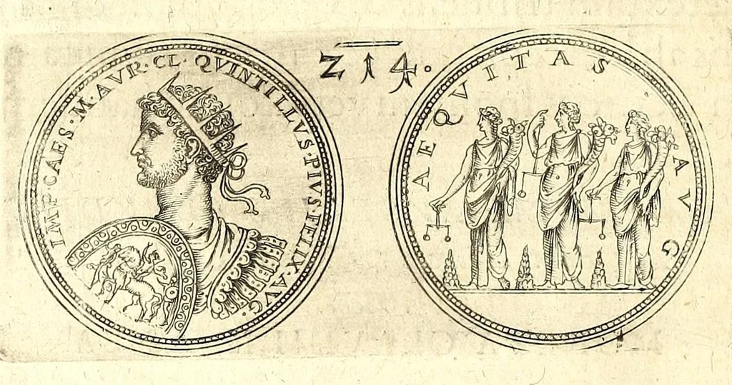 An illustration from De vitis imperatorum et caesarum romanorum : tam occidentalium quam orientalium, nec non vxorum et liberorum eorum, item tyrannorum omnium ... : inde à C. Julio Caesare, primo monarcha, vsque ad D.N. Imperatorem Caesarem Matthiam : vnà cum eorum effigiebus & symbolis ..., 1615, leaf 168