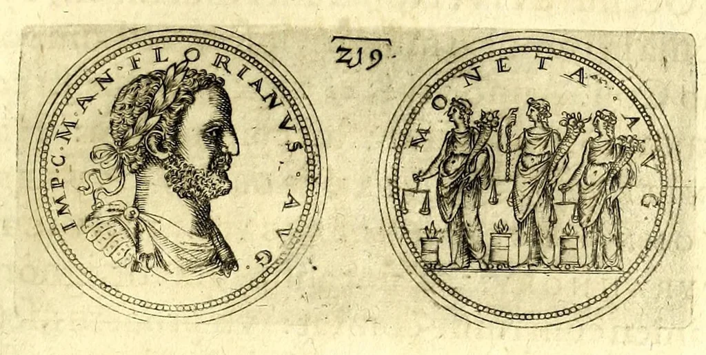 An illustration from De vitis imperatorum et caesarum romanorum : tam occidentalium quam orientalium, nec non vxorum et liberorum eorum, item tyrannorum omnium ... : inde à C. Julio Caesare, primo monarcha, vsque ad D.N. Imperatorem Caesarem Matthiam : vnà cum eorum effigiebus & symbolis ..., 1615, leaf 173