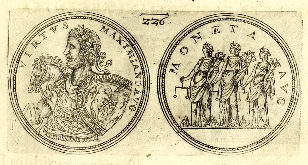An illustration from De vitis imperatorum et caesarum romanorum : tam occidentalium quam orientalium, nec non vxorum et liberorum eorum, item tyrannorum omnium ... : inde à C. Julio Caesare, primo monarcha, vsque ad D.N. Imperatorem Caesarem Matthiam : vnà cum eorum effigiebus & symbolis ..., 1615, leaf 179
