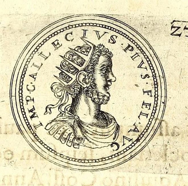 An illustration from De vitis imperatorum et caesarum romanorum : tam occidentalium quam orientalium, nec non vxorum et liberorum eorum, item tyrannorum omnium ... : inde à C. Julio Caesare, primo monarcha, vsque ad D.N. Imperatorem Caesarem Matthiam : vnà cum eorum effigiebus & symbolis ..., 1615, leaf 186