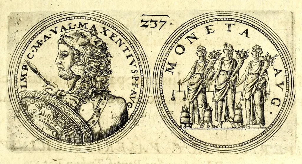 An illustration from De vitis imperatorum et caesarum romanorum : tam occidentalium quam orientalium, nec non vxorum et liberorum eorum, item tyrannorum omnium ... : inde à C. Julio Caesare, primo monarcha, vsque ad D.N. Imperatorem Caesarem Matthiam : vnà cum eorum effigiebus & symbolis ..., 1615, leaf 191
