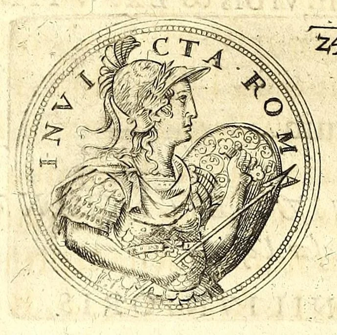 An illustration from De vitis imperatorum et caesarum romanorum : tam occidentalium quam orientalium, nec non vxorum et liberorum eorum, item tyrannorum omnium ... : inde à C. Julio Caesare, primo monarcha, vsque ad D.N. Imperatorem Caesarem Matthiam : vnà cum eorum effigiebus & symbolis ..., 1615, leaf 196