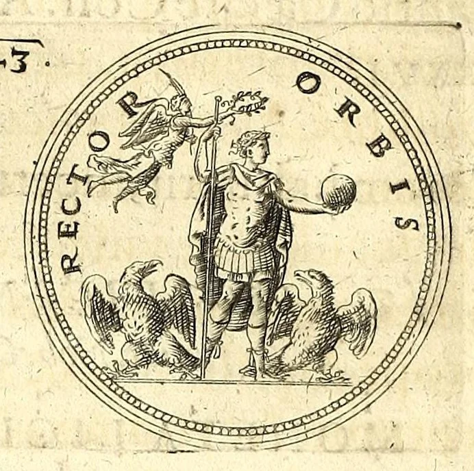 An illustration from De vitis imperatorum et caesarum romanorum : tam occidentalium quam orientalium, nec non vxorum et liberorum eorum, item tyrannorum omnium ... : inde à C. Julio Caesare, primo monarcha, vsque ad D.N. Imperatorem Caesarem Matthiam : vnà cum eorum effigiebus & symbolis ..., 1615, leaf 196