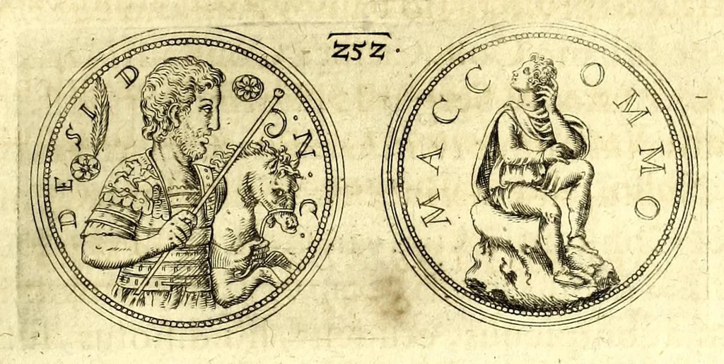 An illustration from De vitis imperatorum et caesarum romanorum : tam occidentalium quam orientalium, nec non vxorum et liberorum eorum, item tyrannorum omnium ... : inde à C. Julio Caesare, primo monarcha, vsque ad D.N. Imperatorem Caesarem Matthiam : vnà cum eorum effigiebus & symbolis ..., 1615, leaf 203