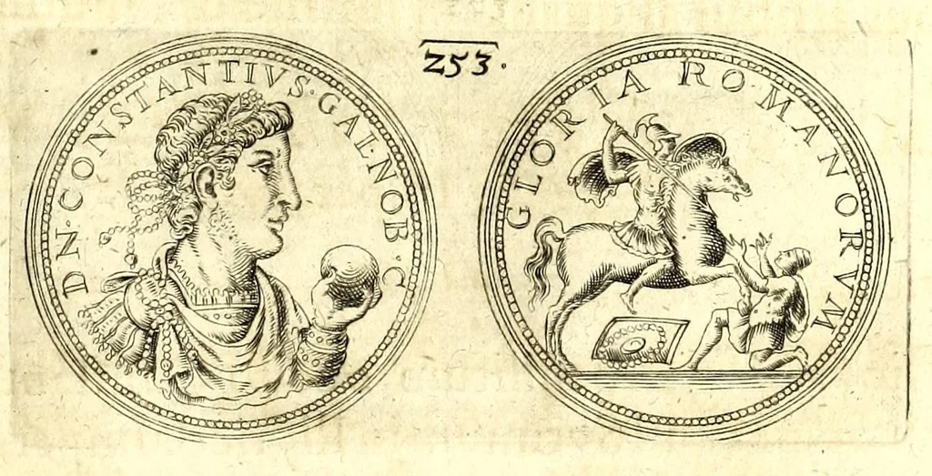 An illustration from De vitis imperatorum et caesarum romanorum : tam occidentalium quam orientalium, nec non vxorum et liberorum eorum, item tyrannorum omnium ... : inde à C. Julio Caesare, primo monarcha, vsque ad D.N. Imperatorem Caesarem Matthiam : vnà cum eorum effigiebus & symbolis ..., 1615, leaf 203