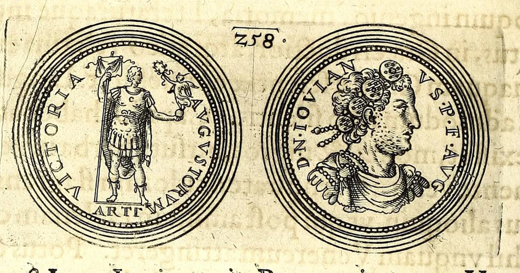 An illustration from De vitis imperatorum et caesarum romanorum : tam occidentalium quam orientalium, nec non vxorum et liberorum eorum, item tyrannorum omnium ... : inde à C. Julio Caesare, primo monarcha, vsque ad D.N. Imperatorem Caesarem Matthiam : vnà cum eorum effigiebus & symbolis ..., 1615, leaf 208