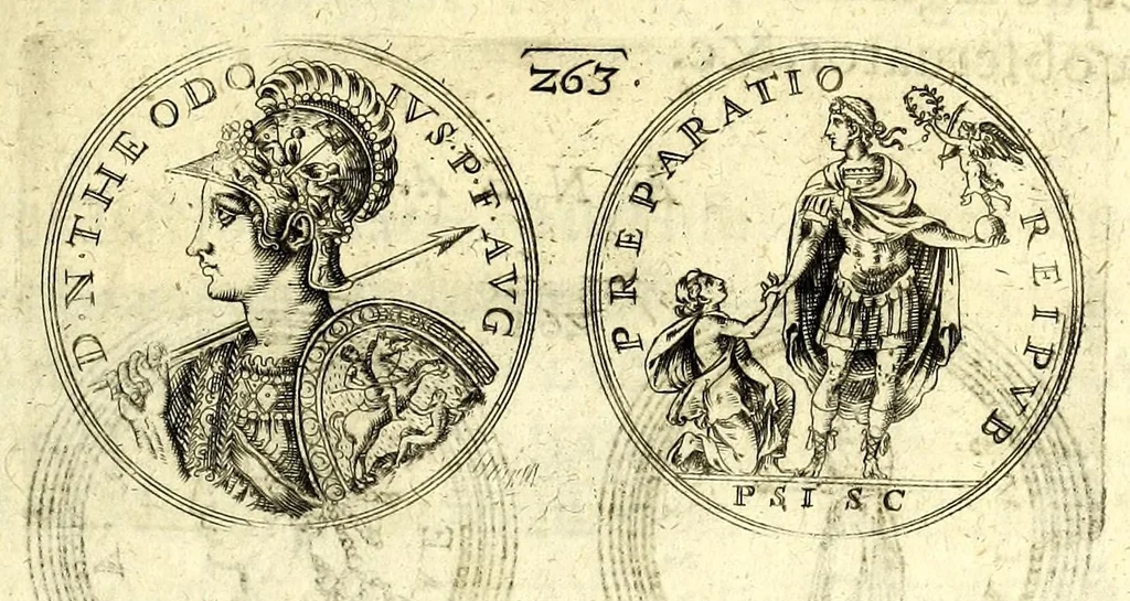 An illustration from De vitis imperatorum et caesarum romanorum : tam occidentalium quam orientalium, nec non vxorum et liberorum eorum, item tyrannorum omnium ... : inde à C. Julio Caesare, primo monarcha, vsque ad D.N. Imperatorem Caesarem Matthiam : vnà cum eorum effigiebus & symbolis ..., 1615, leaf 215