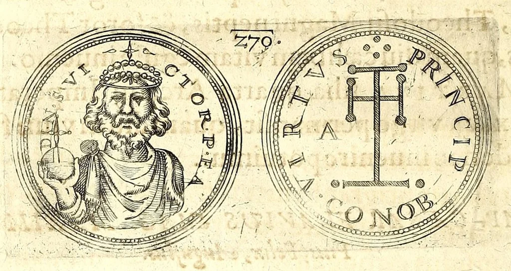An illustration from De vitis imperatorum et caesarum romanorum : tam occidentalium quam orientalium, nec non vxorum et liberorum eorum, item tyrannorum omnium ... : inde à C. Julio Caesare, primo monarcha, vsque ad D.N. Imperatorem Caesarem Matthiam : vnà cum eorum effigiebus & symbolis ..., 1615, leaf 220