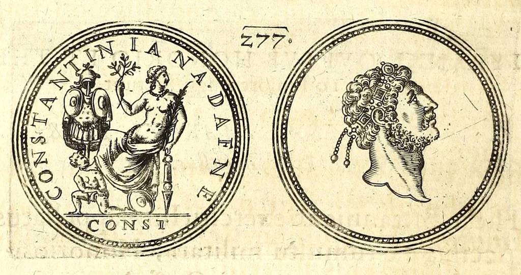 An illustration from De vitis imperatorum et caesarum romanorum : tam occidentalium quam orientalium, nec non vxorum et liberorum eorum, item tyrannorum omnium ... : inde à C. Julio Caesare, primo monarcha, vsque ad D.N. Imperatorem Caesarem Matthiam : vnà cum eorum effigiebus & symbolis ..., 1615, leaf 228