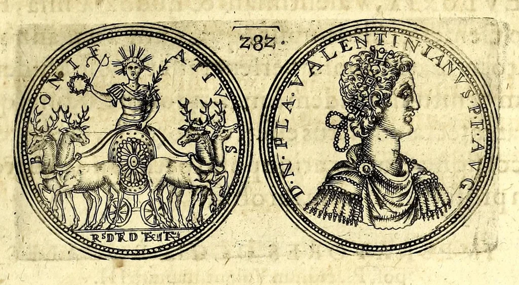 An illustration from De vitis imperatorum et caesarum romanorum : tam occidentalium quam orientalium, nec non vxorum et liberorum eorum, item tyrannorum omnium ... : inde à C. Julio Caesare, primo monarcha, vsque ad D.N. Imperatorem Caesarem Matthiam : vnà cum eorum effigiebus & symbolis ..., 1615, leaf 235