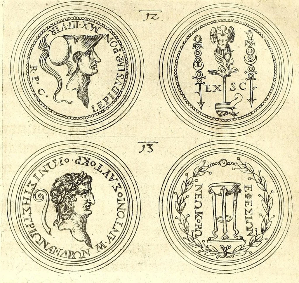An illustration from De vitis imperatorum et caesarum romanorum : tam occidentalium quam orientalium, nec non vxorum et liberorum eorum, item tyrannorum omnium ... : inde à C. Julio Caesare, primo monarcha, vsque ad D.N. Imperatorem Caesarem Matthiam : vnà cum eorum effigiebus & symbolis ..., 1615, leaf 24