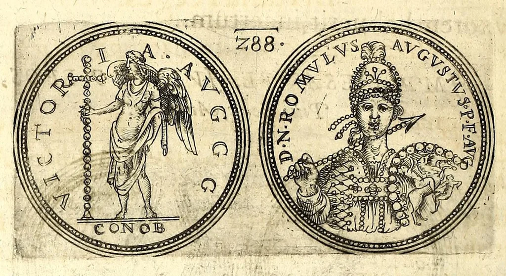 An illustration from De vitis imperatorum et caesarum romanorum : tam occidentalium quam orientalium, nec non vxorum et liberorum eorum, item tyrannorum omnium ... : inde à C. Julio Caesare, primo monarcha, vsque ad D.N. Imperatorem Caesarem Matthiam : vnà cum eorum effigiebus & symbolis ..., 1615, leaf 242