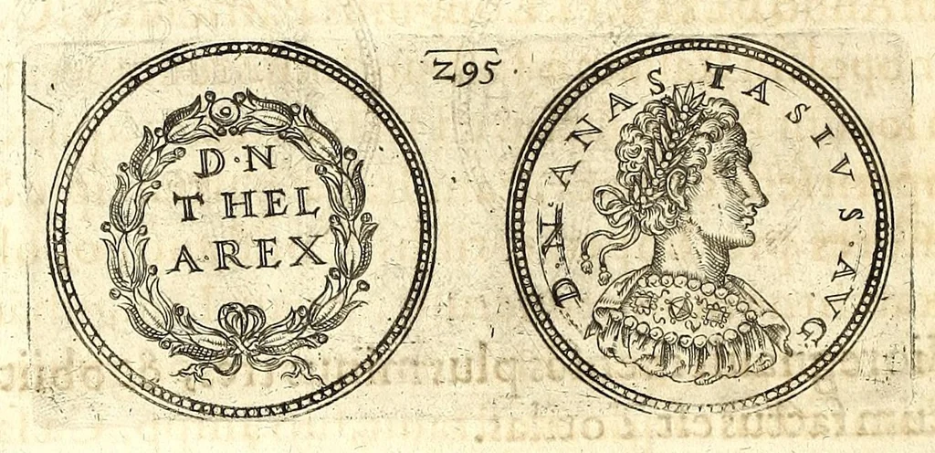 An illustration from De vitis imperatorum et caesarum romanorum : tam occidentalium quam orientalium, nec non vxorum et liberorum eorum, item tyrannorum omnium ... : inde à C. Julio Caesare, primo monarcha, vsque ad D.N. Imperatorem Caesarem Matthiam : vnà cum eorum effigiebus & symbolis ..., 1615, leaf 248