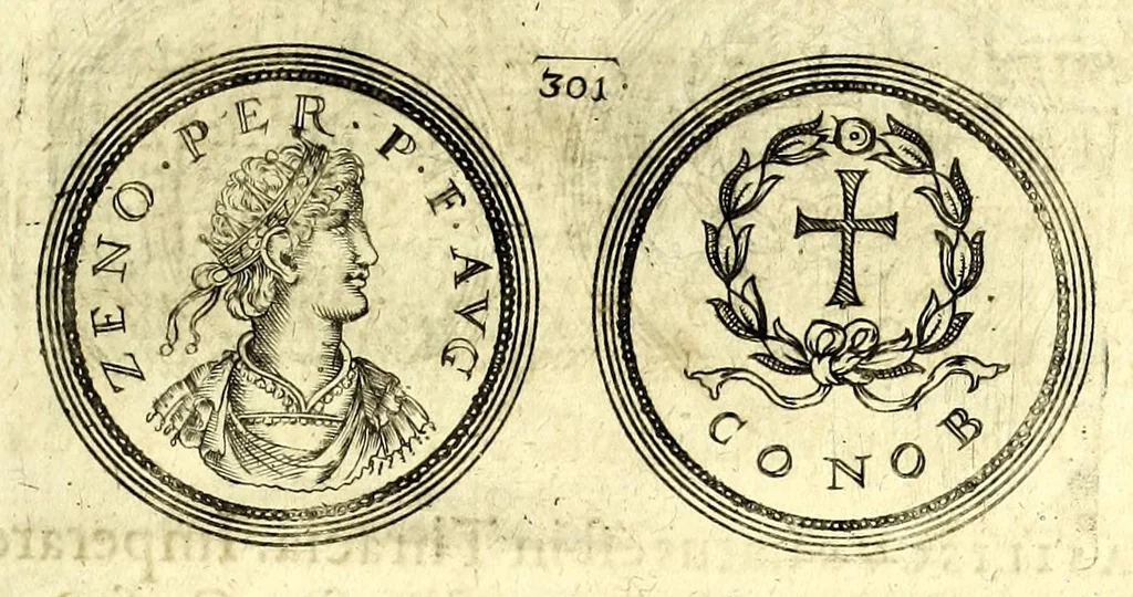 An illustration from De vitis imperatorum et caesarum romanorum : tam occidentalium quam orientalium, nec non vxorum et liberorum eorum, item tyrannorum omnium ... : inde à C. Julio Caesare, primo monarcha, vsque ad D.N. Imperatorem Caesarem Matthiam : vnà cum eorum effigiebus & symbolis ..., 1615, leaf 267