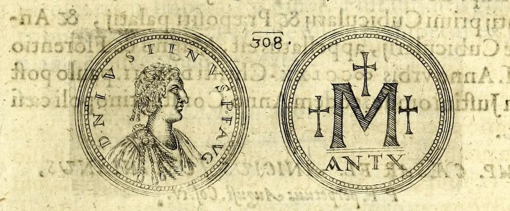 An illustration from De vitis imperatorum et caesarum romanorum : tam occidentalium quam orientalium, nec non vxorum et liberorum eorum, item tyrannorum omnium ... : inde à C. Julio Caesare, primo monarcha, vsque ad D.N. Imperatorem Caesarem Matthiam : vnà cum eorum effigiebus & symbolis ..., 1615, leaf 273