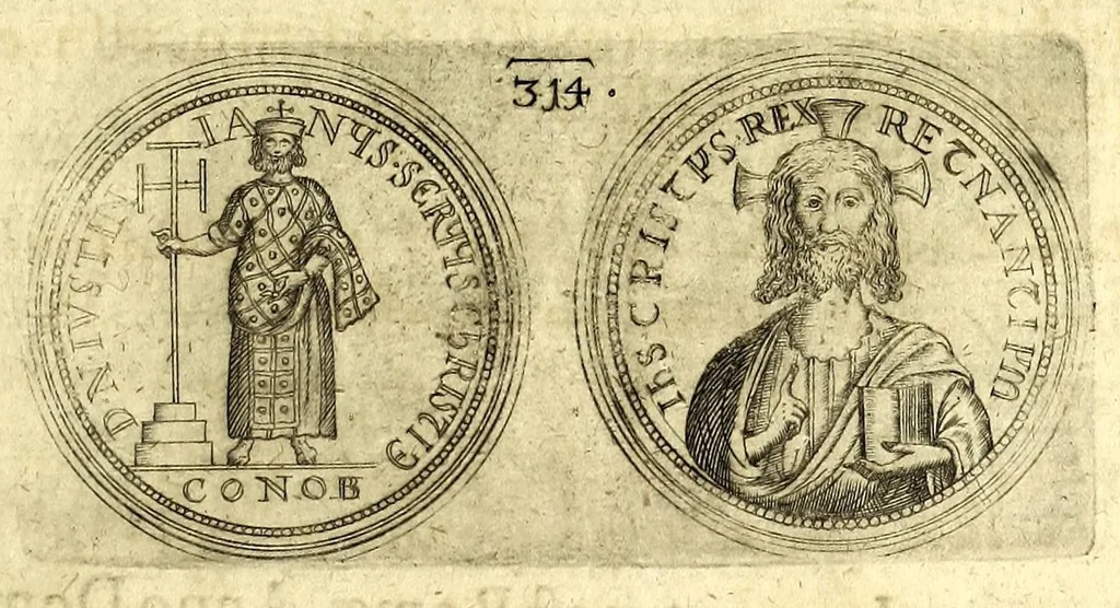 An illustration from De vitis imperatorum et caesarum romanorum : tam occidentalium quam orientalium, nec non vxorum et liberorum eorum, item tyrannorum omnium ... : inde à C. Julio Caesare, primo monarcha, vsque ad D.N. Imperatorem Caesarem Matthiam : vnà cum eorum effigiebus & symbolis ..., 1615, leaf 279