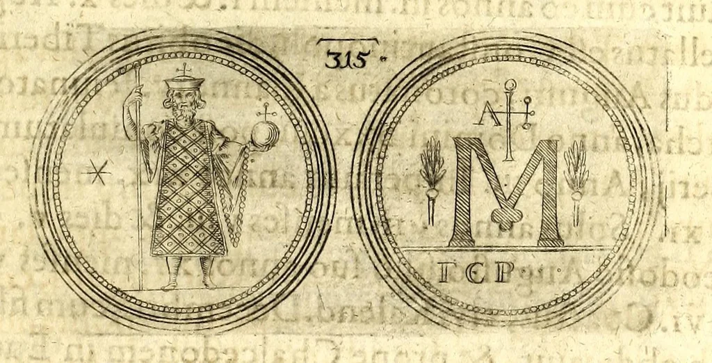 An illustration from De vitis imperatorum et caesarum romanorum : tam occidentalium quam orientalium, nec non vxorum et liberorum eorum, item tyrannorum omnium ... : inde à C. Julio Caesare, primo monarcha, vsque ad D.N. Imperatorem Caesarem Matthiam : vnà cum eorum effigiebus & symbolis ..., 1615, leaf 279