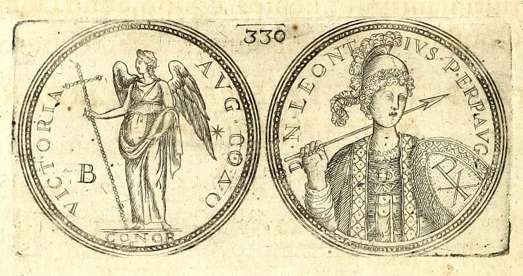 An illustration from De vitis imperatorum et caesarum romanorum : tam occidentalium quam orientalium, nec non vxorum et liberorum eorum, item tyrannorum omnium ... : inde à C. Julio Caesare, primo monarcha, vsque ad D.N. Imperatorem Caesarem Matthiam : vnà cum eorum effigiebus & symbolis ..., 1615, leaf 292