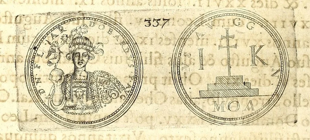 An illustration from De vitis imperatorum et caesarum romanorum : tam occidentalium quam orientalium, nec non vxorum et liberorum eorum, item tyrannorum omnium ... : inde à C. Julio Caesare, primo monarcha, vsque ad D.N. Imperatorem Caesarem Matthiam : vnà cum eorum effigiebus & symbolis ..., 1615, leaf 298