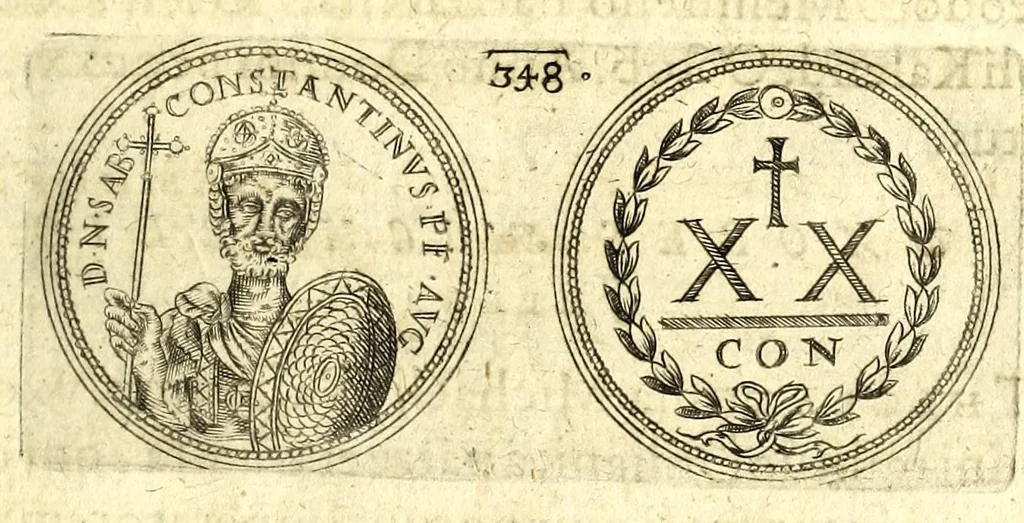 An illustration from De vitis imperatorum et caesarum romanorum : tam occidentalium quam orientalium, nec non vxorum et liberorum eorum, item tyrannorum omnium ... : inde à C. Julio Caesare, primo monarcha, vsque ad D.N. Imperatorem Caesarem Matthiam : vnà cum eorum effigiebus & symbolis ..., 1615, leaf 309