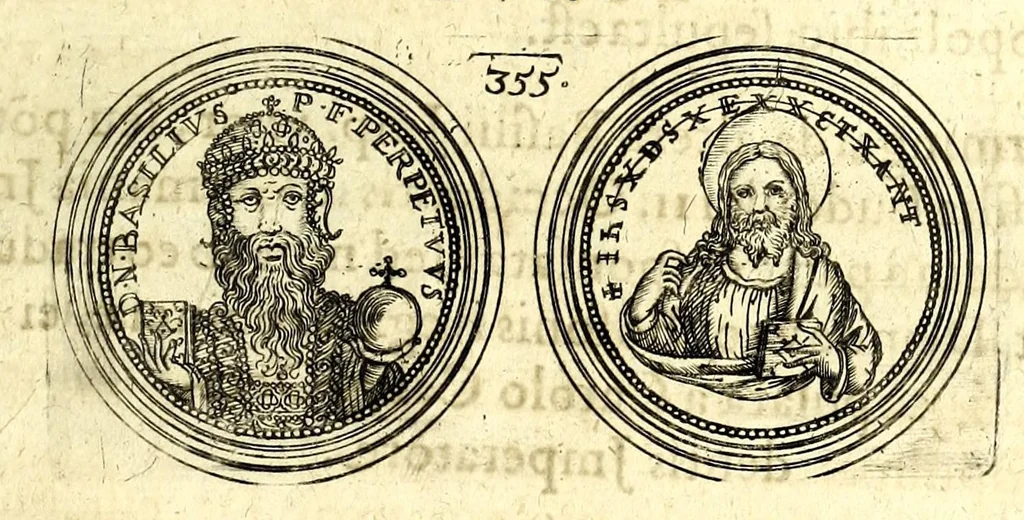 An illustration from De vitis imperatorum et caesarum romanorum : tam occidentalium quam orientalium, nec non vxorum et liberorum eorum, item tyrannorum omnium ... : inde à C. Julio Caesare, primo monarcha, vsque ad D.N. Imperatorem Caesarem Matthiam : vnà cum eorum effigiebus & symbolis ..., 1615, leaf 315