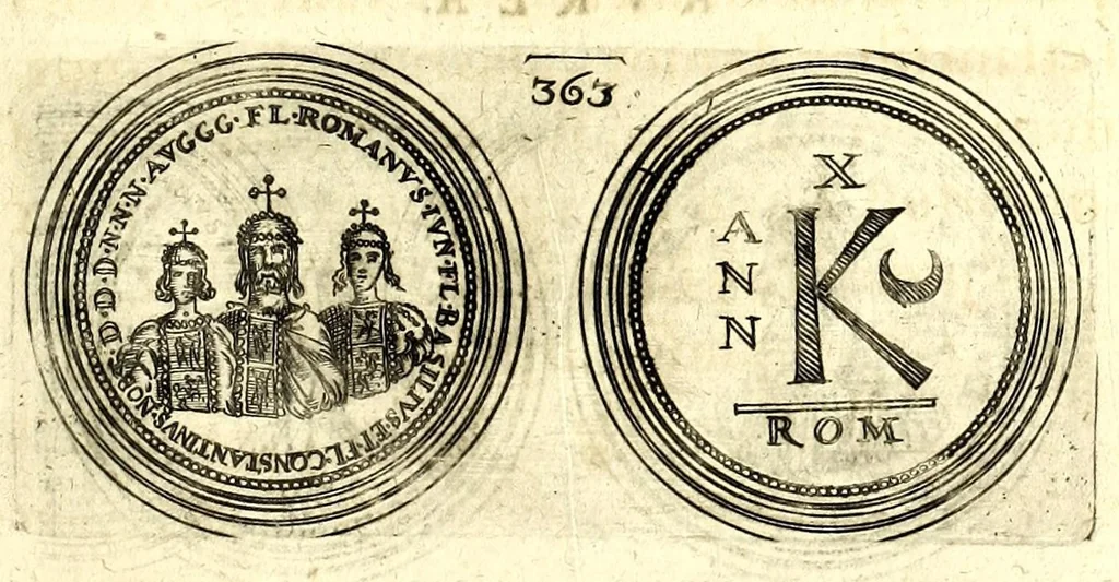 An illustration from De vitis imperatorum et caesarum romanorum : tam occidentalium quam orientalium, nec non vxorum et liberorum eorum, item tyrannorum omnium ... : inde à C. Julio Caesare, primo monarcha, vsque ad D.N. Imperatorem Caesarem Matthiam : vnà cum eorum effigiebus & symbolis ..., 1615, leaf 321