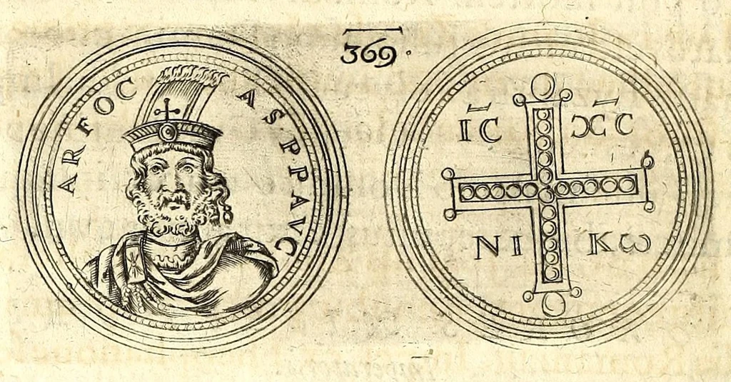 An illustration from De vitis imperatorum et caesarum romanorum : tam occidentalium quam orientalium, nec non vxorum et liberorum eorum, item tyrannorum omnium ... : inde à C. Julio Caesare, primo monarcha, vsque ad D.N. Imperatorem Caesarem Matthiam : vnà cum eorum effigiebus & symbolis ..., 1615, leaf 328
