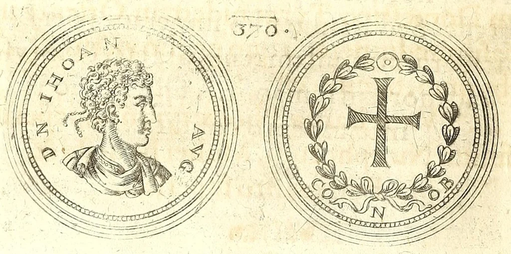 An illustration from De vitis imperatorum et caesarum romanorum : tam occidentalium quam orientalium, nec non vxorum et liberorum eorum, item tyrannorum omnium ... : inde à C. Julio Caesare, primo monarcha, vsque ad D.N. Imperatorem Caesarem Matthiam : vnà cum eorum effigiebus & symbolis ..., 1615, leaf 328