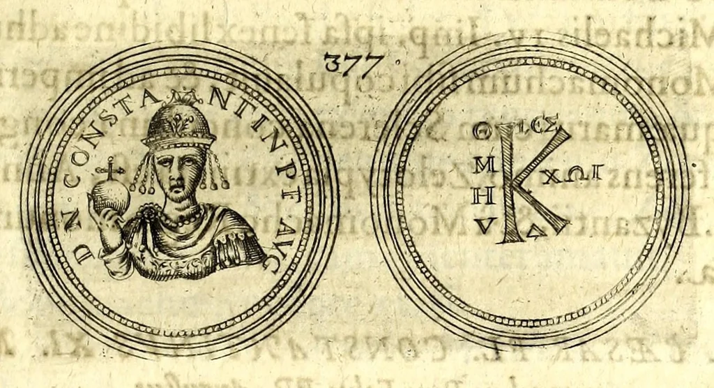 An illustration from De vitis imperatorum et caesarum romanorum : tam occidentalium quam orientalium, nec non vxorum et liberorum eorum, item tyrannorum omnium ... : inde à C. Julio Caesare, primo monarcha, vsque ad D.N. Imperatorem Caesarem Matthiam : vnà cum eorum effigiebus & symbolis ..., 1615, leaf 335