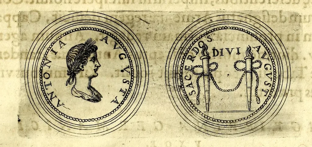 An illustration from De vitis imperatorum et caesarum romanorum : tam occidentalium quam orientalium, nec non vxorum et liberorum eorum, item tyrannorum omnium ... : inde à C. Julio Caesare, primo monarcha, vsque ad D.N. Imperatorem Caesarem Matthiam : vnà cum eorum effigiebus & symbolis ..., 1615, leaf 35