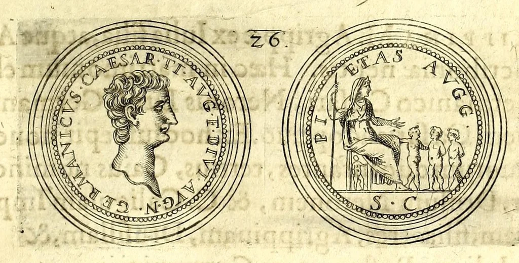 An illustration from De vitis imperatorum et caesarum romanorum : tam occidentalium quam orientalium, nec non vxorum et liberorum eorum, item tyrannorum omnium ... : inde à C. Julio Caesare, primo monarcha, vsque ad D.N. Imperatorem Caesarem Matthiam : vnà cum eorum effigiebus & symbolis ..., 1615, leaf 35