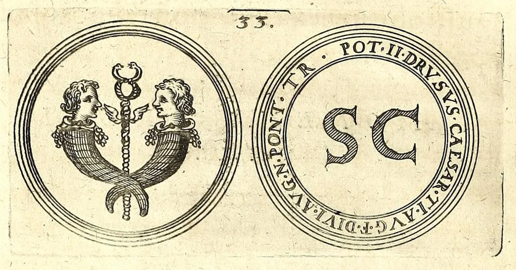 An illustration from De vitis imperatorum et caesarum romanorum : tam occidentalium quam orientalium, nec non vxorum et liberorum eorum, item tyrannorum omnium ... : inde à C. Julio Caesare, primo monarcha, vsque ad D.N. Imperatorem Caesarem Matthiam : vnà cum eorum effigiebus & symbolis ..., 1615, leaf 40