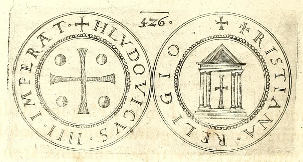 An illustration from De vitis imperatorum et caesarum romanorum : tam occidentalium quam orientalium, nec non vxorum et liberorum eorum, item tyrannorum omnium ... : inde à C. Julio Caesare, primo monarcha, vsque ad D.N. Imperatorem Caesarem Matthiam : vnà cum eorum effigiebus & symbolis ..., 1615, leaf 408